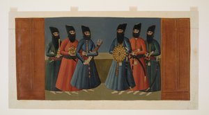 Add Or. 1242 A sah pajzsát, tegezt és egyéb királyi kellékeket hordozó „ghulamok”, részlet a „nigarisztáni palota falfestményének kicsinyített másolatából” alkotó: Abdallah (after) Khan