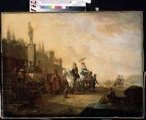 ""Utazók lóháton"" (Riders) Egy család egy közel-keleti tájon egy országúti úton. Abraham Begeyn (1637-1697) festménye 17. századi Mihail Krosickij Művészeti Múzeum, Szevasztopol (Szevasztopol) Ukrajna