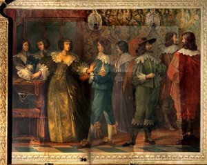 Charles de Valois (1573-1650), Angouleme hercege életének jelenete - Charles de Valois második feleségével 1644-ben kötött házassága alkalmából készült bulijelenet - Egy nő, akihez egy udvarhölgy közelít, megfogja, hogy elhelyezze. gallér - Abrah freskója
