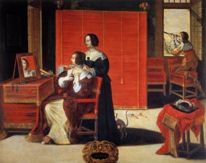 The Five Senses: The View Egy fiatal nő a tükre előtt, miközben egy férfi csillagászati keretet használ. Abraham Bosse (1602-1676) festménye. 17. század. Túrák, Szépművészeti Múzeum