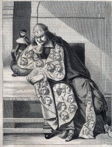 A rosszindulattal tömött férfi: egy dupla női kabátos férfi meditál egy majommal az oldalán. Abraham Bosse (1604-1676) nyomatának reprodukciója. alkotó: Abraham (after) Bosse