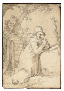 Phermae-i Szent Pál a feszület előtt térdelve imádkozik (fekete kréta, toll és barna tinta, barna mosás) alkotó: Abraham Bloemaert