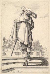 Egy úriember, hátulról, mellvéden sétál, bal vállán köpenyben..., 1629. alkotó: Abraham Bosse