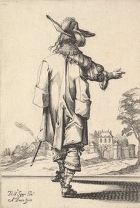 Egy úriember, hátulról nézve, kinyújtott jobb karral, bal s... fölött köpeny, 1629. alkotó: Abraham Bosse