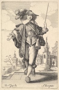 Előre lépő úr, kinyújtott jobb karral, bal kezében ostorral..., 1629. alkotó: Abraham Bosse