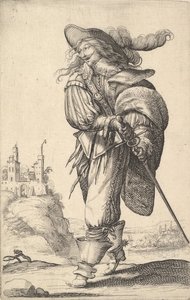 Egy úriember balra sétál, kardját kirántja a hüvelyből, plüss..., 1629. alkotó: Abraham Bosse