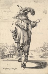 Egy tollas kalapot viselő, kardot viselő úriember hátulról nézve, jobb karja kinyújtva..., 1629. alkotó: Abraham Bosse