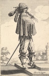 Rövid kabátot, sisakot, sarkantyús csizmát viselő úriember a lépcsőn állva..., 1629. alkotó: Abraham Bosse