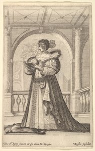 Egy nő áll, profilból balra néz, sapkát és csipkegallért visel, olvas..., kb. 1629. alkotó: Abraham Bosse