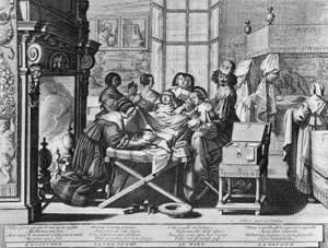 Abraham Bosse „” Házasság a várossal”” című metszetsorozat (water forte) 1633-ból – „” Szülés””: a munkaágyon. alkotó: Abraham Bosse