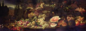Gyümölcscsendélet zöld papagájjal és ezüst vázával alkotó: Abraham Brueghel
