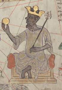 Részlet a Katalán Atlasz 6. lapjáról, amelyen Mansa Musa trónoló, 1375