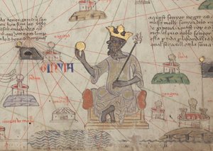 Részlet a Katalán Atlasz 6. lapjáról, amelyen Mansa Musa trónoló, 1375
