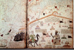 Gibraltár és Észak-Afrika detroitja a mórok zászlaját jelzi, jobbra Mali királya Kanga Moussa (Kankou Moussa, vagy Kankan Moussa vagy Mansa Moussa), amelyen az Aranygömb látható. A katalán atlasz (katalán térkép) részlete, amelyet Abraham C. megvilágított