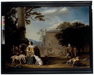 Erdős táj, ahol vadászok és állatai itatóhelyen pihennek alkotó: Abraham Danielsz. Hondius