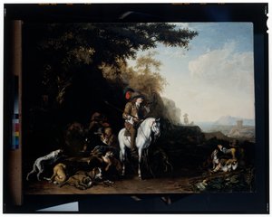 An Extensive Landscape With A Hunting Party Resting By A Water Trough and A Sportsman Shooting alkotó: Abraham Danielsz. Hondius