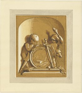 Putti medál mellett sírhellyel, fülkében