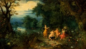 Fás táj, Diana nyulat kínál egy nimfának, előtérben Silenus és Ceres, c1614