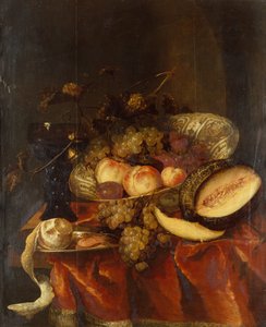 Gyümölcs Wanli Kraak porcelántálban, üveggel, dinnye- és óntányérral (olaj) alkotó: Abraham Hendricksz van Beyeren