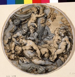 ""Bacchus endormi"" (Alvó bakchus) Putti, szatír veszi körül, Abraham Jansz van Diepenbeeck (1596-1675) tusrajza 17. századi Puskin Múzeum, Moszkva