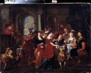 ""Heródes lakomája"" (Heródes lakoma) Heródes lakoma (Herode Antipas), amelyen Herodiade (Salome) lánya egy tányéron követeli Keresztelő János (Jean Baptiste) fejét, hogy felajánlja édesanyjának. A szent feje az asztalra kerül. Festék