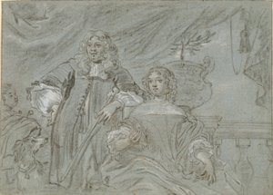 Ülő hölgy és álló úriember csoportja, térdelő alakok. A háttérben egy fekete afrikai és egy kutya, t.h. egy korlát alkotó: Abraham Lambertsz. van den Tempel