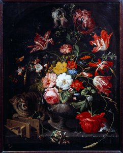 Macska leüt egy virágvázát. Abraham Mignon (1640-1679) festménye ec. összes