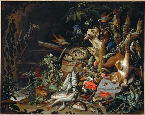 Le nid de pinsons - halak, hüllők és egy halott mókus a növények és fák között ... alkotó: Abraham Mignon