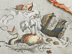 (Részlet). Tengeri szörnyek támadnak egy hajót. alkotó: Abraham Ortelius