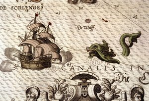 Egy tengeri szörnyeteg egy galleont (karavellát) támad meg. Részlet egy térképről a "Theatrum Orbis Terrarum"-ban, Abraham Ortelius, Antwerpen 1584 alkotó: Abraham Ortelius