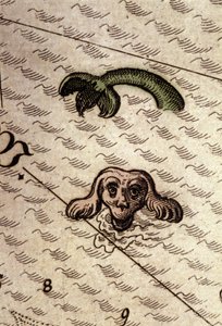 A tengeri szörnynek kutyafeje és halteste van. Részlet egy térképről a Theatrum Orbis Terrarumban, Abraham Ortelius, Antwerpen 1584. alkotó: Abraham Ortelius