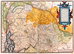 A Hollandiától délre fekvő terület földrajzi térképe germán (Kempeland), amelyet Abraham Ortelius (Oertel, Ortell vagy Ortel) a "Theatrum Orbis Terrarum"-ból vett alkotó: Abraham Ortelius