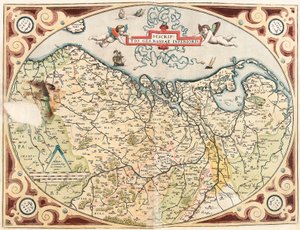 Alsó-Németország leírása a holland germán területének földrajzi térképe Abraham Ortelius (Oertel, Ortell vagy Ortel) "Theatrum Orbis Terrarum"-ból alkotó: Abraham Ortelius