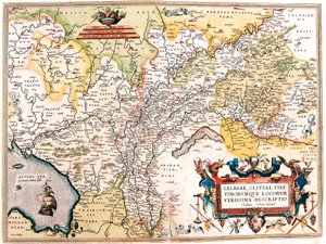 Gelriae, Cliviae, Finitimorum Qe Locos Verissima Leírás Christiana Schrot A Szerző által Német Hollandia területének földrajzi térképe Abraham Ortelius (Oertel, Ortell vagy Ortel) "Theatrum Orbis Terrarum"-ból alkotó: Abraham Ortelius