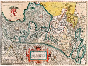Hollandia antiquorum catthorum sedis nova descriptio, auctore Jacobo a daventria Földrajzi térkép Hollandia területén Amszterdam és Haarlem városaival... átvette Abraham Ortelius (Oertel, Ortell vagy Orte) "Theatrum Orbis Terrarum"-jából alkotó: Abraham Ortelius