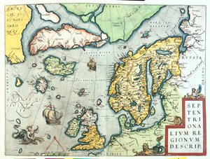 Írország, Nagy-Britannia, Izland, Norvégia, Svédország, Finnország, Grönland. alkotó: Abraham Ortelius