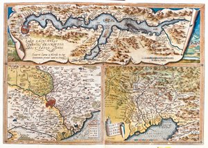 Comói-tó (Olaszország; régió: Lombardia), Róma (Olaszország; régió: Lazio), Trieszt-öböl (Olaszország: Friuli-Venezia Giulia régió; Szlovénia: hagyományos szlovéniai parti régió; Horvátország: Isztria megye). alkotó: Abraham Ortelius
