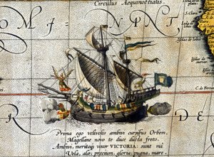 Magellán „Viktória” csónakja, amely átutazott a Csendes-óceánon, amelyet Abrahm Ortelius holland atlasza (1580) képvisel. alkotó: Abraham Ortelius