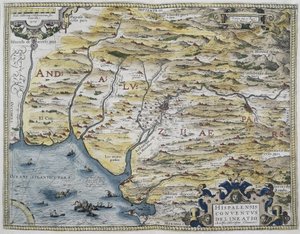 ORTELIUS, Ábrahám (1527-1598). Theatrum Orbis Terrarum. 1570. Az első modern atlasznak tekintik. CHAVES, Jeronimo de (1523-1574). Matematikus, csillagász és navigátor. Nyugat-Andalúzia térképe. Hieronimus Chiaves térképe alapján (Jeronimo d alkotó: Abraham Ortelius