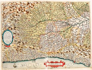 Piemontese és Vicino régiói Olaszország területének földrajzi térképe a franciaországi Monacótól a Genes-ig, valamint Imperia de Savona és Genova tartományokon áthaladva a "Theatrum Orbis Terrarum"-tól, Abraham Orteliustól ( alkotó: Abraham Ortelius