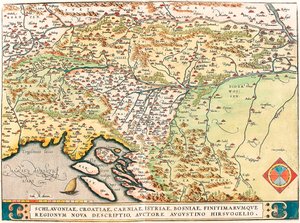 Schlavoniae, Horvátország, Carniae, Isztria, Bosznia, Bordereum Regionum Nova Descriptio, Authore Augustino Hirsuogelio Szlavónia, Horvátország, Bosznia és Dalmácia területeinek földrajzi térképe Abraham Ortelius "Theatrum Orbis Terrarum"-ból alkotó: Abraham Ortelius