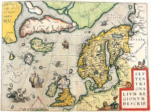 Leírás. Skandinávia és Észak-Európa földrajzi térképe Abraham Ortelius (Oertel, Ortell vagy Ortel) Theatrum Orbis Terrarumból alkotó: Abraham Ortelius