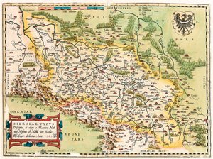 Szilézia Típusleírás és leírás és szerkesztette: Martin Heilwid Neilsense és nemes férj, Nicolas Rhedinger Anno 1561 A németországi Frankfurttól délre fekvő terület földrajzi térképe Lengyelország közelében, Abraham Ortelius "Theatrum Orbis Terrarum"-jából alkotó: Abraham Ortelius