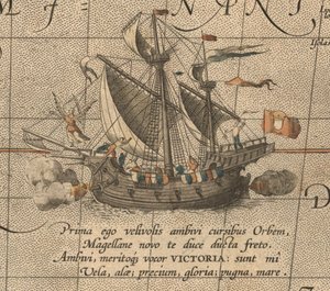 A Victoria, egy spanyol carrack, Ferdinand Magellans Armada de Molucca hajója. Aus Maris Pacific alkotó: Abraham Ortelius