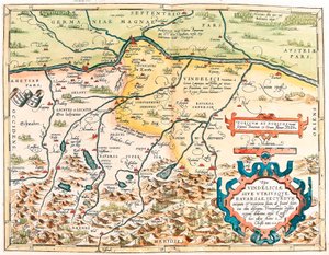 Typus Vindeliciae Ssive Mindkét bajorország: John Aventine által leírt ősi és modern lelőhely szerint... A németországi Baviere területének földrajzi térképe Abraham Ortelius (Oertel, Ortell vagy Ortel) "Theatrum Orbis Terrarum"-jából alkotó: Abraham Ortelius