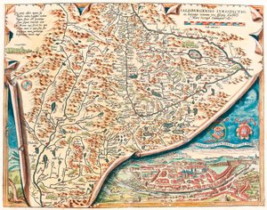 Salzburg városának eredeti leírása Salsburg területének földrajzi térképe Ausztriában, Abraham Ortelius (Oertel, Ortell vagy Ortel) "Theatrum Orbis Terrarum"-jából alkotó: Abraham Ortelius