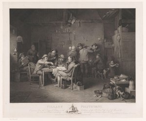 Belső egy asztal körül beszélgető férfiakkal Falusi politikusok (cím az objektumon) alkotó: Abraham Raimbach