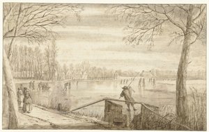 Korcsolyázók a Vecht folyón, Maarssen közelében, Daelwijck és Vechthoven birtokaival a távolban alkotó: Abraham Rutgers