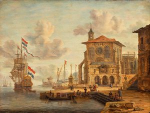 Kikötői jelenet középkori épülettel alkotó: Abraham Storck