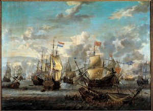 Második angol-holland háború: "" A négy nap csatája 1666. 06. 11-től 14-ig"" Szembeállította a holland flottákat az angolokkal. Abraham Storck (1635-1710) festménye (ec.hol.) 17. századi Párizs, Musee de la Marine